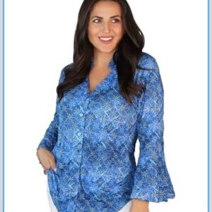 Snoskins Printed Crinkle Mesh Blouse - Designer Hand-Finished Shirts for Women